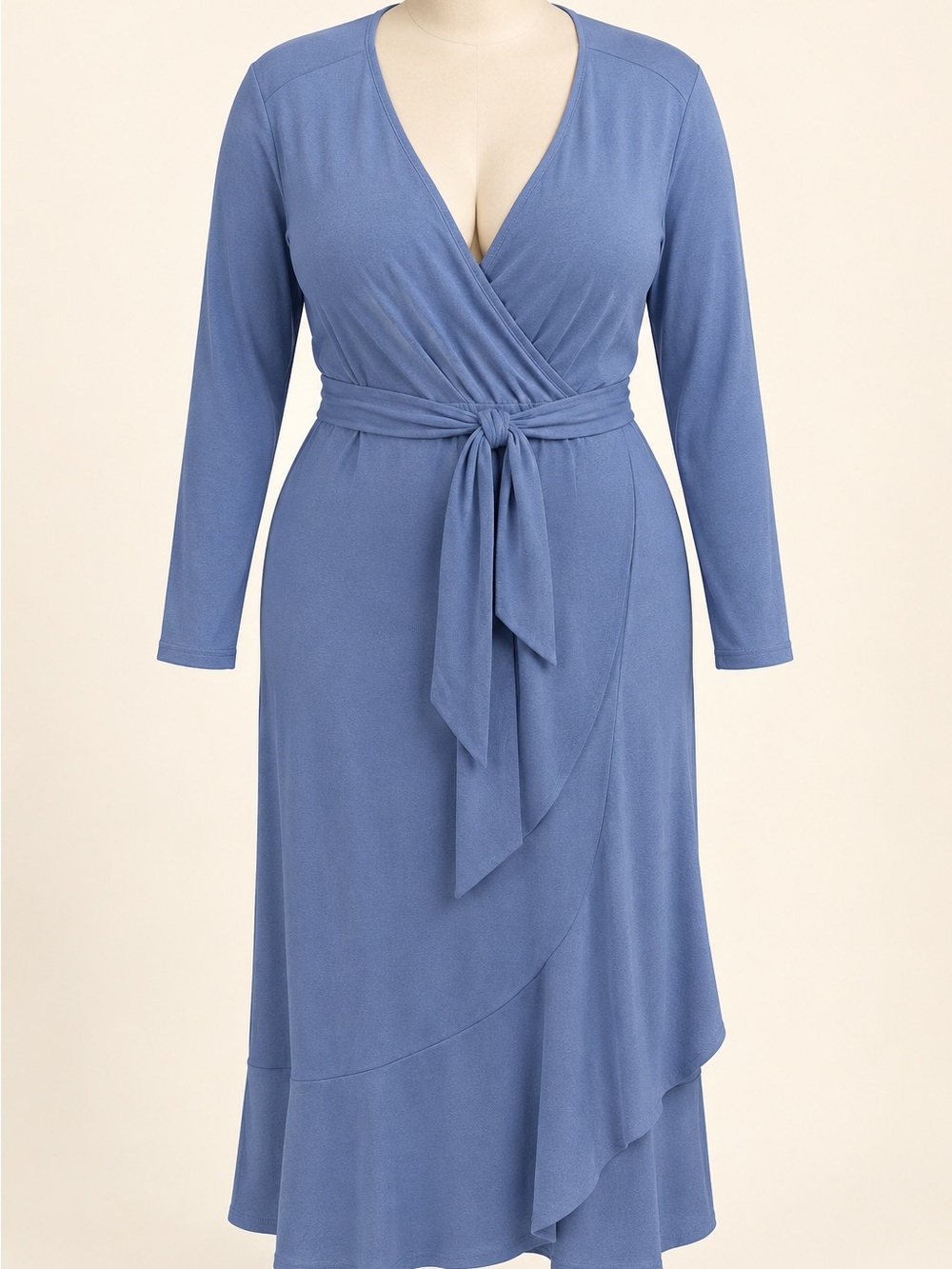 Ashley Stewart Dusty Blue Wrap-Front Long Sleeve Midi Dress